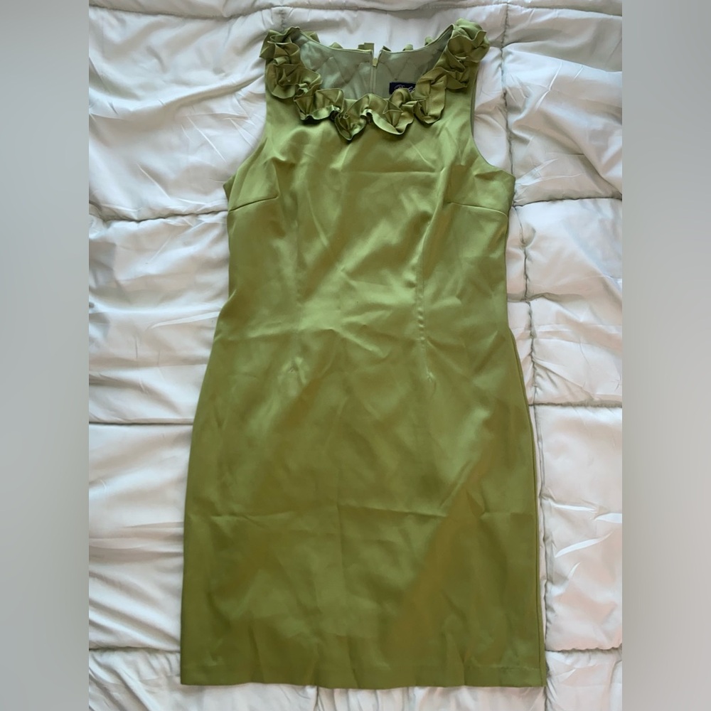 green dress with floral neckline
